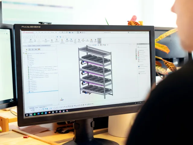 3D szerelési modell tervezése ipari CAD-szoftverben, monitoron megjelenítve