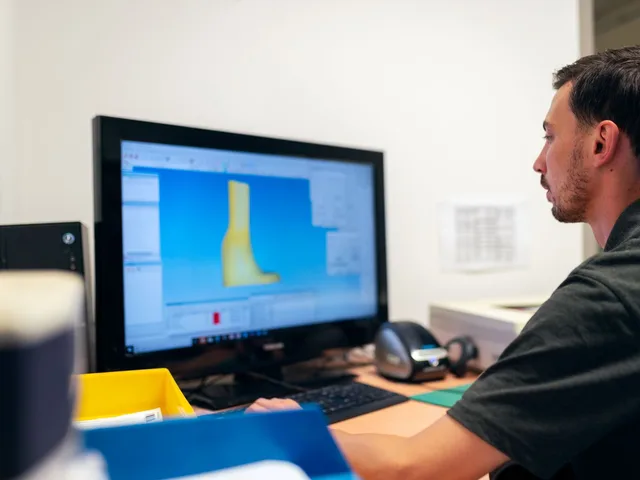 Haladó CAD-felhasználó egy 3D alkatrészmodellt véglegesít a monitoron